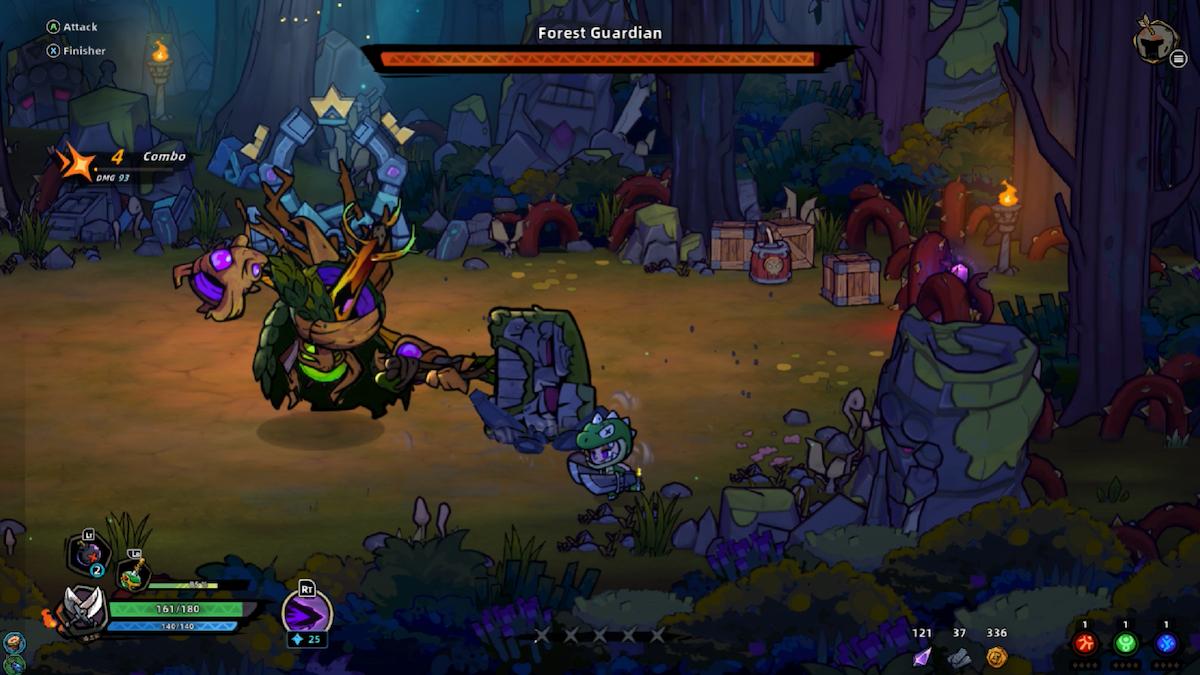 Fighting the Forest Guardian in Lost Castle 2.